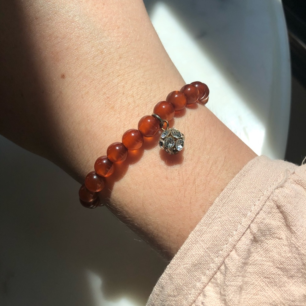 Orange Elastic Beaded Bracelet with Gemmed Charm